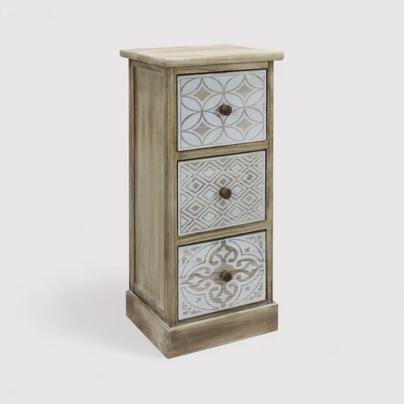 Plumeria - Comodino alto bianco in legno con 3 cassetti