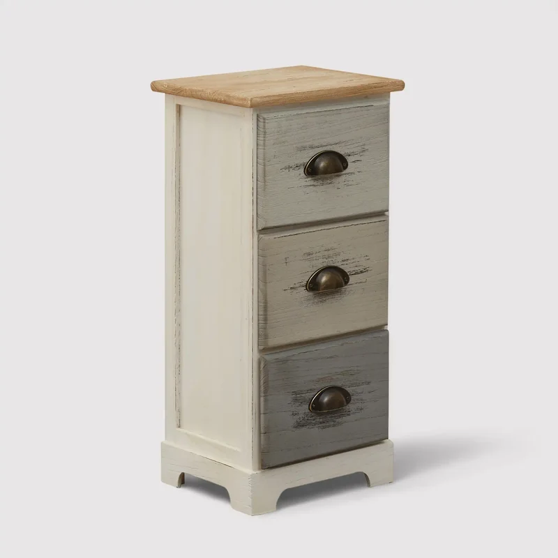 Muschio - Comodino shabby a 3 cassetti con pomelli anticati