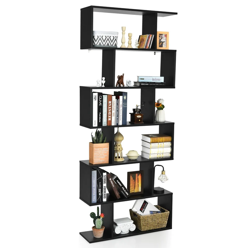 Costway - Libreria, Scaffale, 6 livelli a forma di S con dispositivo antiribaltamento, Libreria moderna, Scaffale legno, per casa e ufficio, Nero