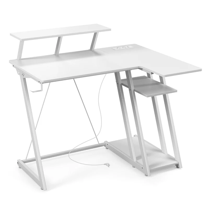 Costway - Scrivania da gioco con prese e porte USB, Scrivania per Computer piccola con ripiano per monitor gancio, Scrivania da Ufficio, Bianco