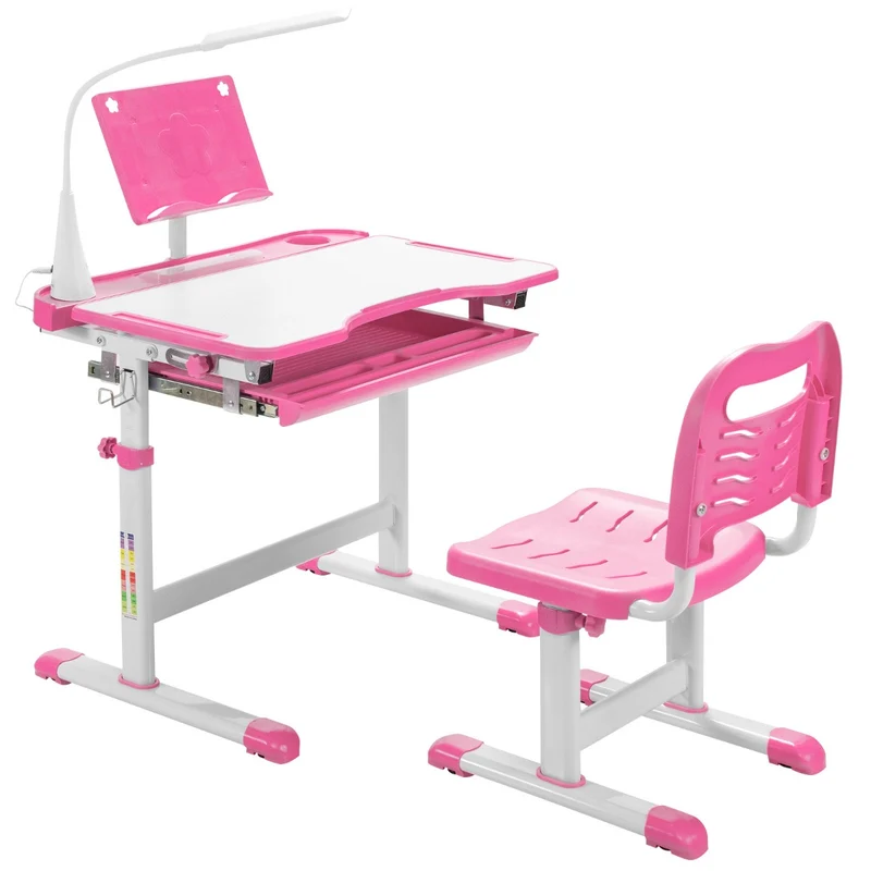 Costway - Set, Scrivania bambini elementari, Sedia per bambini, con altezza regolabile, Tavolo e sedie bambini, con leggio per libri e luce LED, Rosa