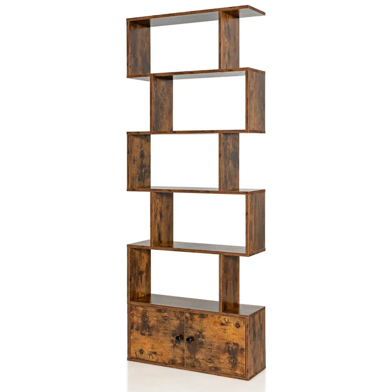 Costway - Libreria, Libreria con ante, Scaffali, forma di S a 5 livelli con ante, Libreria moderna, in legno per il soggiorno l'ufficio, Caffè