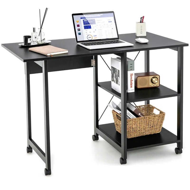 Costway - Scrivania Pieghevole per Computer con mensole e ruote, Scrivania Moderna con 2 Mensole, Postazione di lavoro per PC, Nero