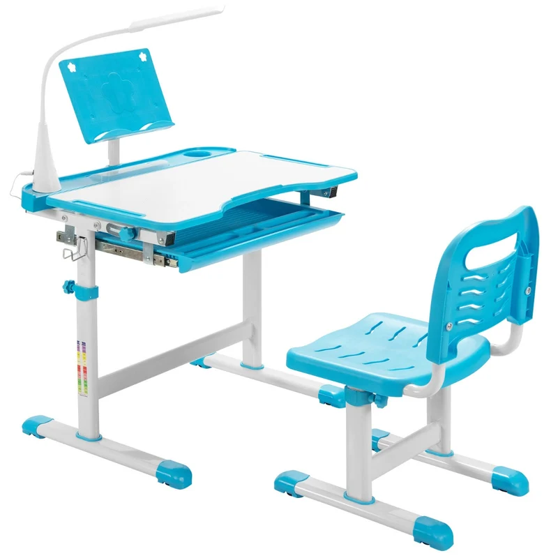 Costway - Set, Scrivania bambini elementari, Sedia per bambini, con altezza regolabile, Tavolo e sedie bambini, con leggio per libri e luce LED, Blu