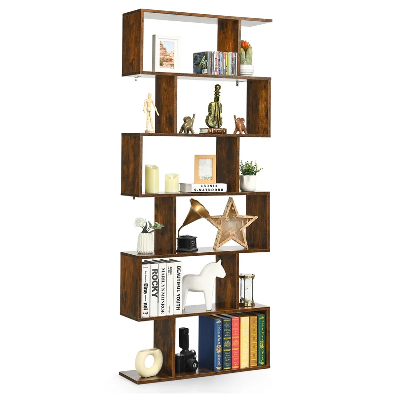 Costway - Libreria, Scaffale, 6 livelli a forma di S con dispositivo antiribaltamento, Libreria moderna, Scaffale legno, per casa e ufficio, Caffè
