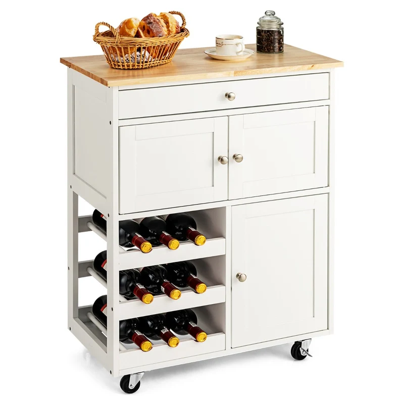 Costway - Credenza Cucina, Carrello da Cucina, Isola da Cucina, Credenza Cucina con Portabottiglie a 3 Livelli e Cassetto, Bianco