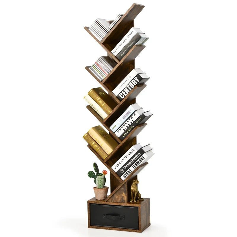 Costway - Libreria, Scaffale, ad albero a 10 ripiani con cassetto, Libreria moderna, Scaffale da terra per camera da letto soggiorno e ufficio, Marrone