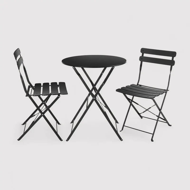 Pequi - Set tavolino e 2 sedie pieghevoli nere per balcone