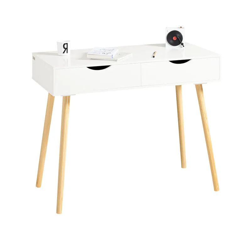 SoBuy FWT40-WN Scrivania Bianca con cassetti, Gambe in Legno di Pino, Scrivania Ufficio Compatta, Tavolo da Lavoro per Studio Cameretta e Camera da Letto, L90*P45*A77cm