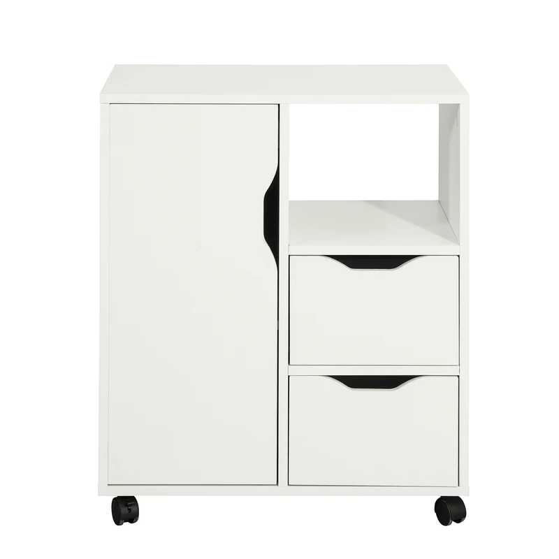 SoBuy FBT105-W Cassettiera da Scrivania Ufficio su Ruote Cassettiera Ufficio con 2 Cassetti, 1 Anta e 1 Ripiano Aperto Carrello Tavolino Comodino Piccolo Comodino Bianco L60xP35xA70cm