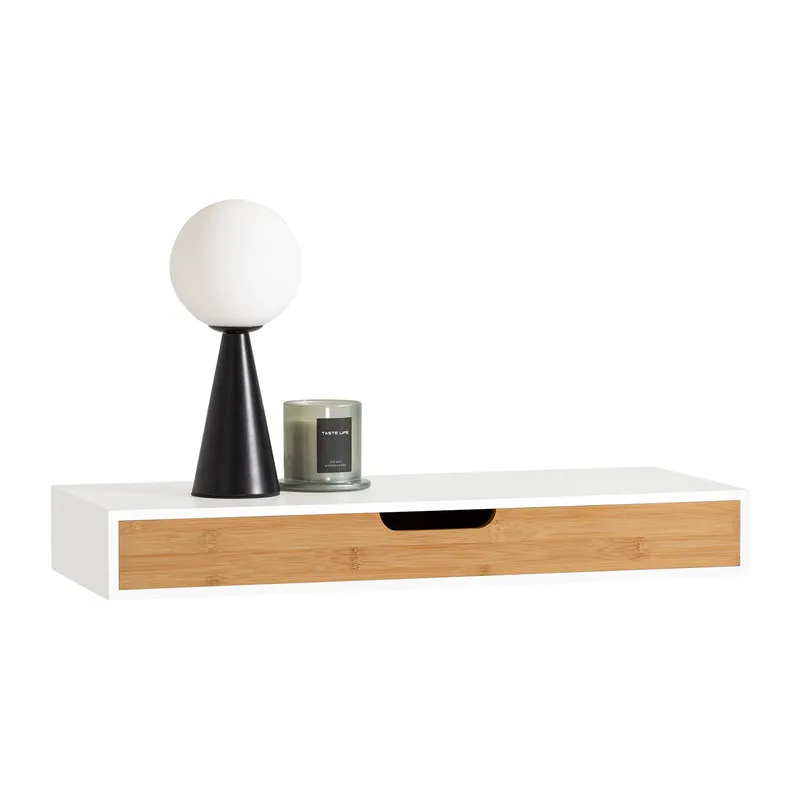 SoBuy FRG93-WN Mensola a Parete con Cassetto - Mensola Galleggiante Moderna per Ingresso, Soggiorno & Camera - Bianco & Naturale 60x24x8cm