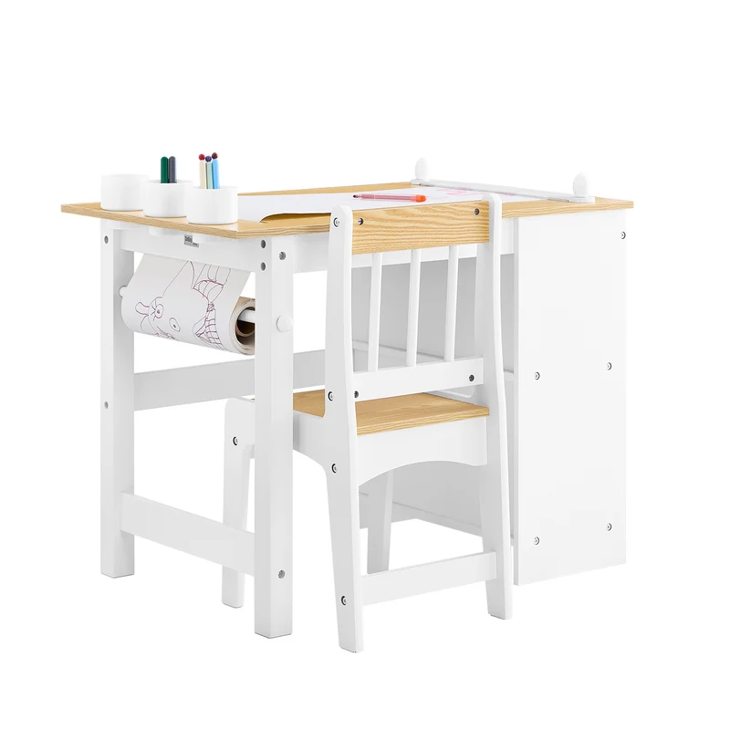 SoBuy KMB60-WN Tavolino Bambini con 1 Sedia, Set Tavolo e Sedie per Bambini Multiattività con 2 Ripiani, Tavolo Disegno e Gioco, Sedia Scrivania Cameretta Bianco e Naturale 80x50x66cm