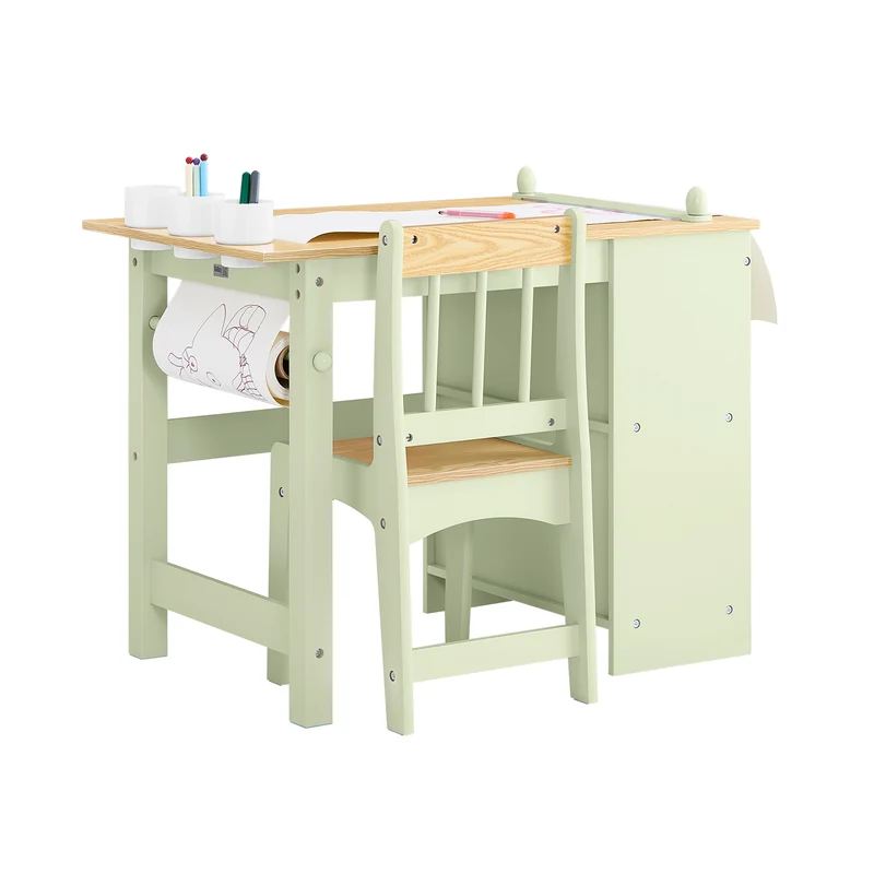 SoBuy KMB60-GR Tavolino Bambini con 1 Sedia, Set Tavolo e Sedie per Bambini Multiattività con 2 Ripiani, Tavolo Disegno e Gioco, Sedia Scrivania Cameretta Verde 80x50x66cm