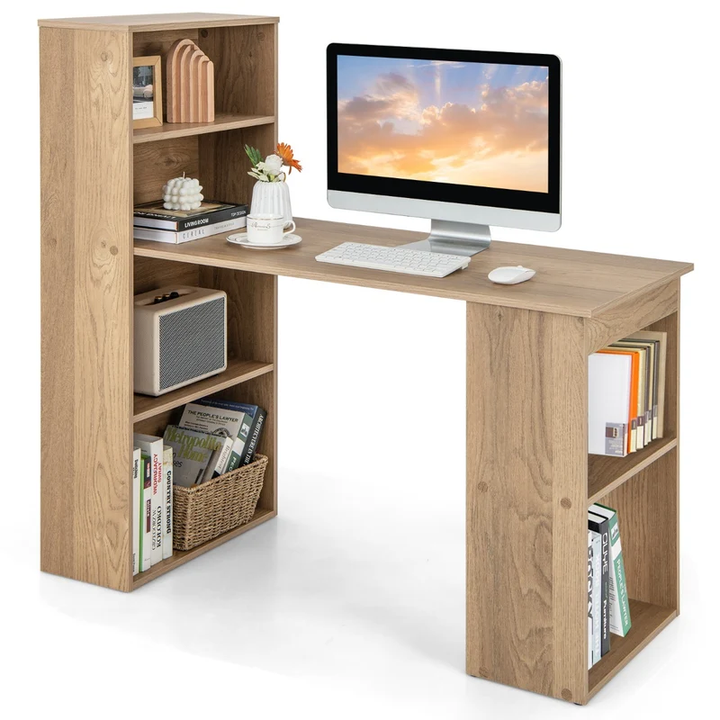 Costway - Tavolo Pieghevole, Scrivania Moderna, Scrivania da Ufficio, Scrivania per Computer, Scrivania per PC da 122cm con libreria, Naturale
