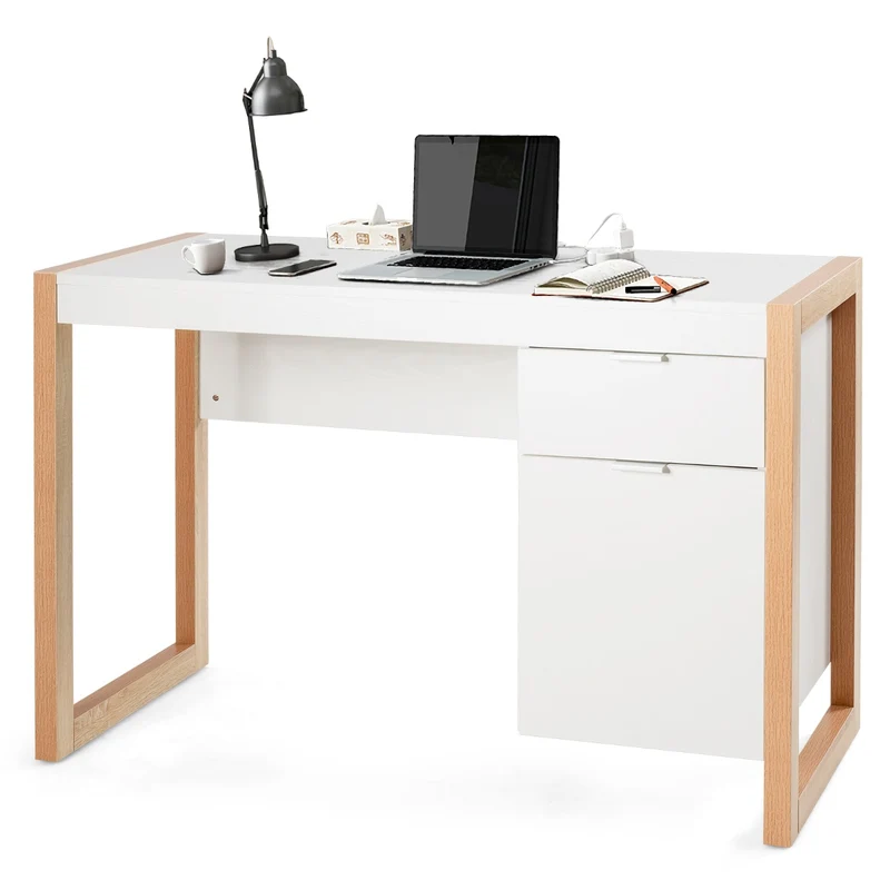 Costway - Scrivania Moderna, Scrivania per Ufficio, Tavolo Rettangolare, Scrivania per Computer con Armadietto e Cassetto, Bianco