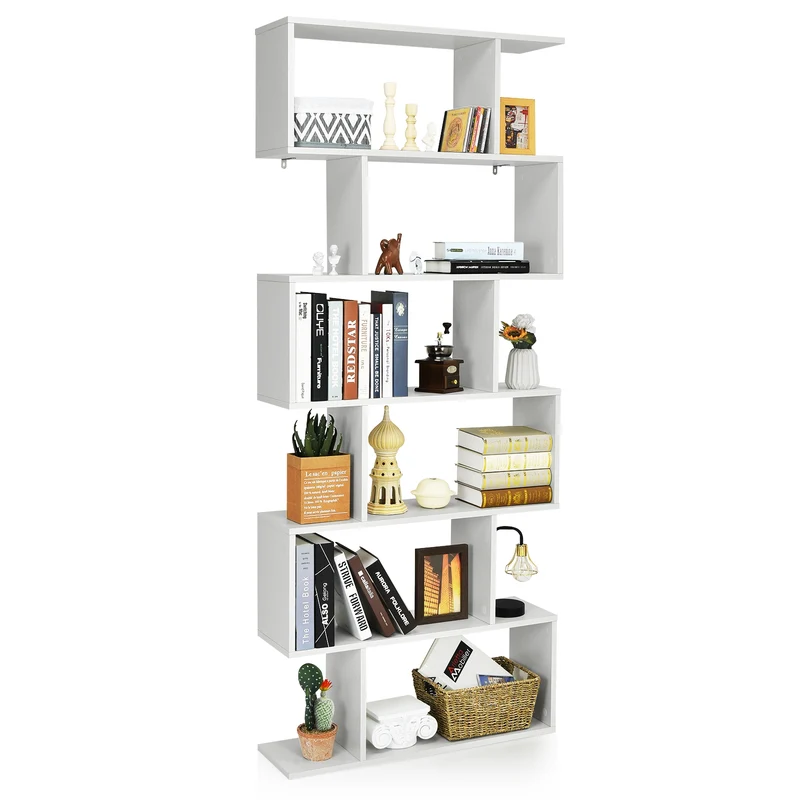 Costway - Libreria, Scaffale, 6 livelli a forma di S con dispositivo antiribaltamento, Libreria moderna, Scaffale legno, per casa e ufficio, Bianco