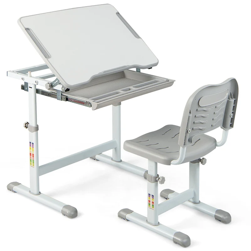Costway - Set, Scrivania bambini elementari, Sedia per bambini, tavolo e sedie bambini, altezza regolabile e cassetto, superficie inclinabile, Grigio