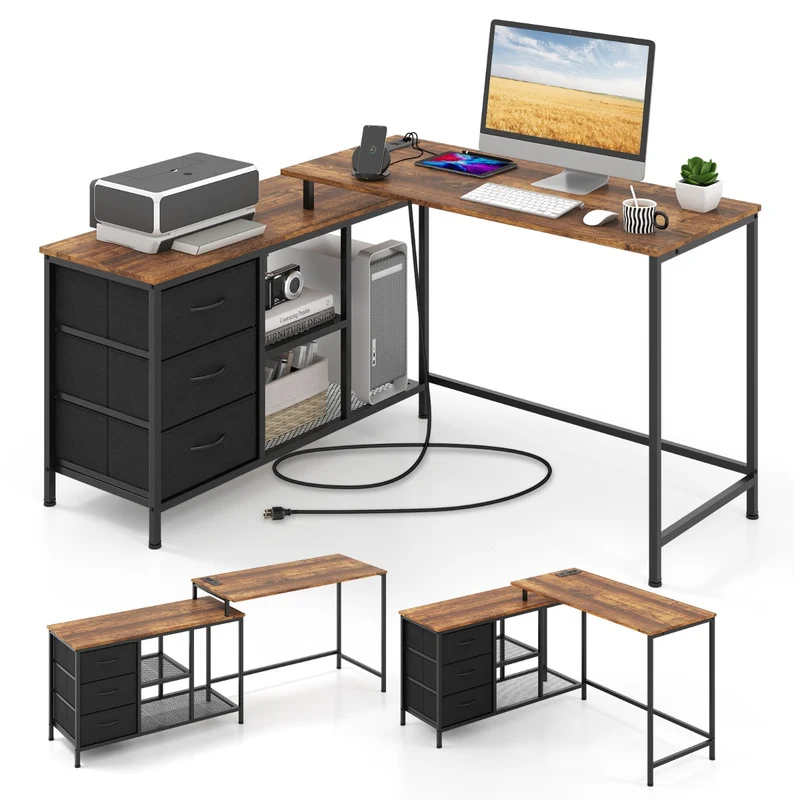 Costway - Scrivania ad angolo a L con presa di corrente, Scrivania per computer da 205 cm con 3 cassetti, Scrivania da Ufficio, Marrone