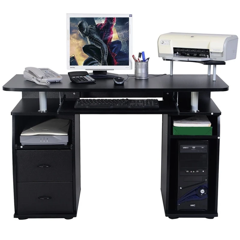 Costway - Scrivania Moderna, Scrivania per Ufficio, Tavolo Rettangolare con Ripiano per Monitor, Scrivania per Computer, Tavolo porta PC, Nero