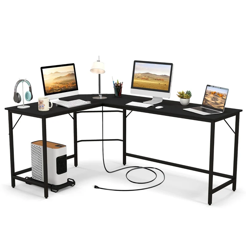 Costway - Scrivania ad angolo a L con presa di corrente, Scrivania per computer da 168cm con supporto CPU, Scrivania da Ufficio, Nero