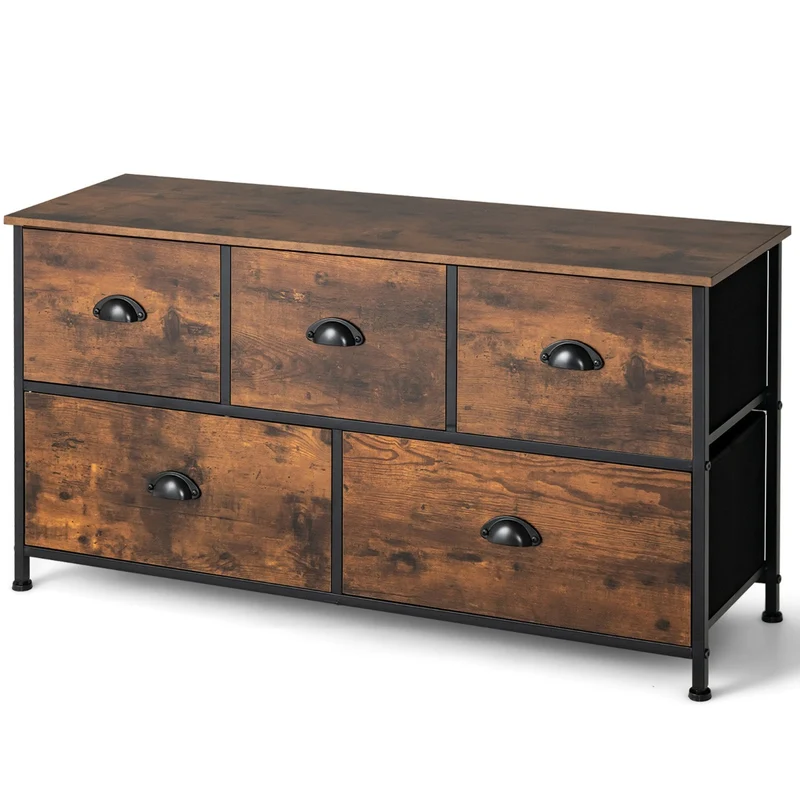 Costway - Comò, Credenza soggiorno, Mobile spazioso, Organizer con 5 cassetti in tessuto rimovibili pieghevoli telaio in acciaio, Marrone