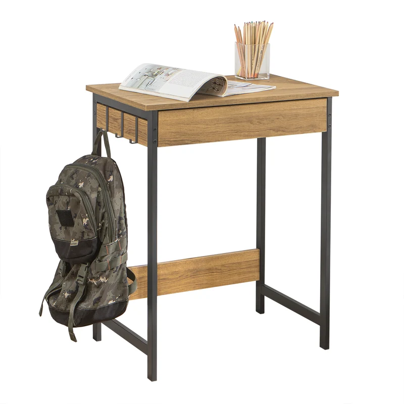 SoBuy FWT43-N Scrivania Salvaspazio con 1 Cassetto e 2 Ganci Tavolo da Lavoro Angolare Piccolo per Ufficio o Studio Scrivania Nero-Naturale per Casa, Cameretta o Computer 60x40x77cm