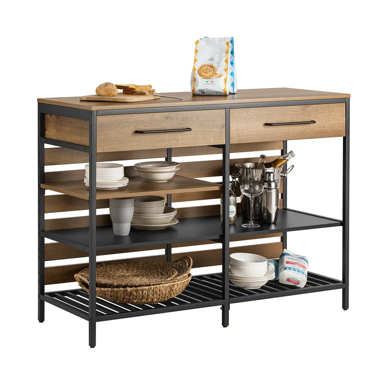 SoBuy FSB85-PF Credenza e Buffet Cucina Industriale con Ripiani Aperti, 2 Cassetti e Portabottiglie - Mobiletto Salvaspazio con Piano per Microonde per Cucina, Soggiorno o Ingresso 120x91x45cm Marrone