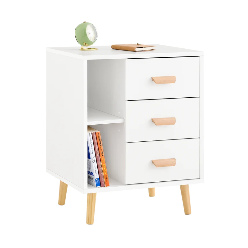 SoBuy FBT95-W Comodino Camera da Letto - Comodino con 3 Cassetti e 2 Ripiani, Tavolino Salotto - Moderna Cassettiera L48 x P40 x A60 cm Bianco