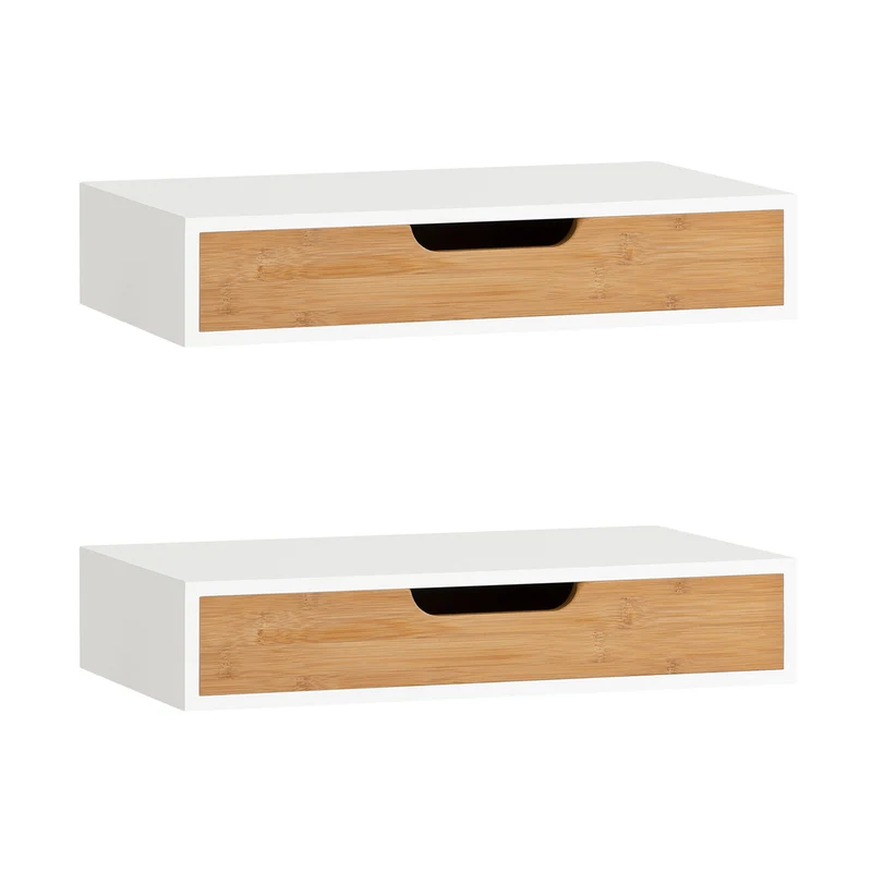 SoBuy FRG92-WNx2, Set di 2 Mensola a Parete con Cassetto - Mensola Galleggiante Moderna per Ingresso, Soggiorno & Camera - Bianco & Naturale 40x24x8cm