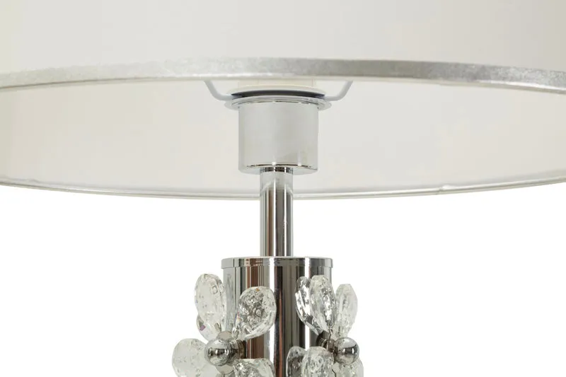 Lampada da Tavolo Silver Flower Ø35x74 cm in Ferro e Metallo e Tessuto e Vetro Argento e Bianco