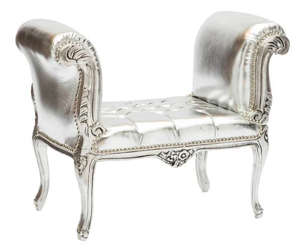 Divanetto barocco per camera da letto o salotto in legno ed ecopelle di colore argento cm 90x45x70h