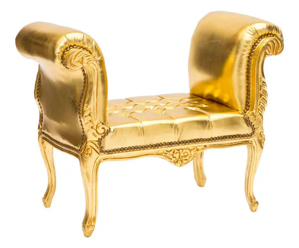 Divanetto barocco da ingresso o zona living con struttura in legno e rivestito in ecopelle color oro cm 90x45x70h