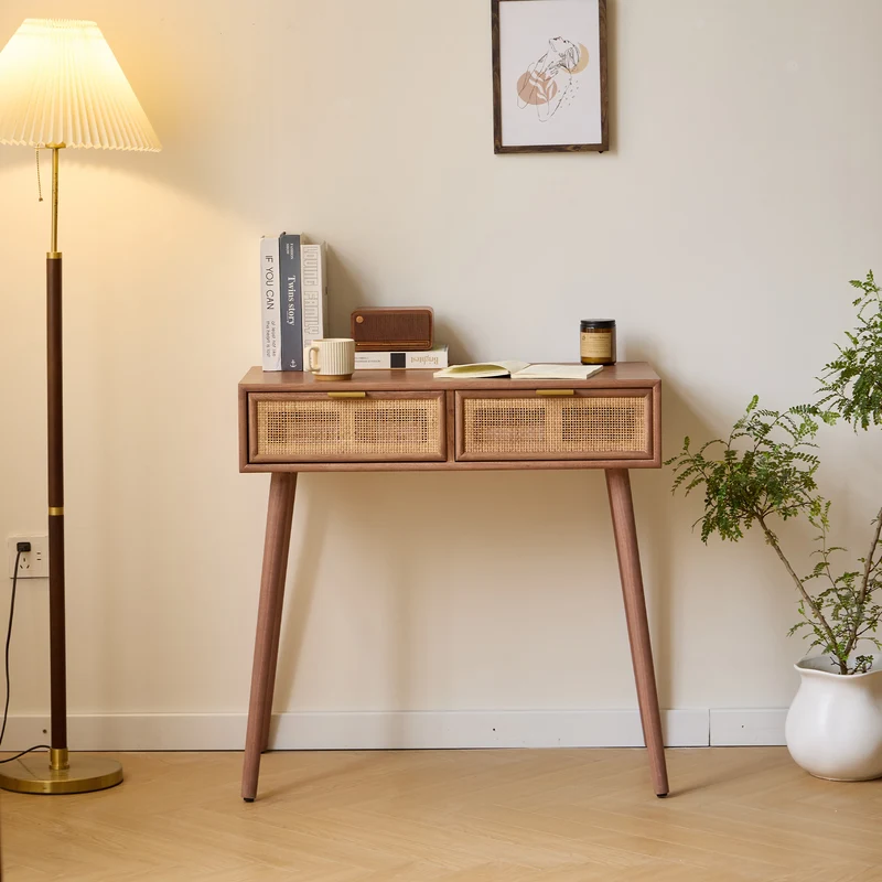 NISHIO - Console 2 tiroirs en bois de noyer et rotin naturel