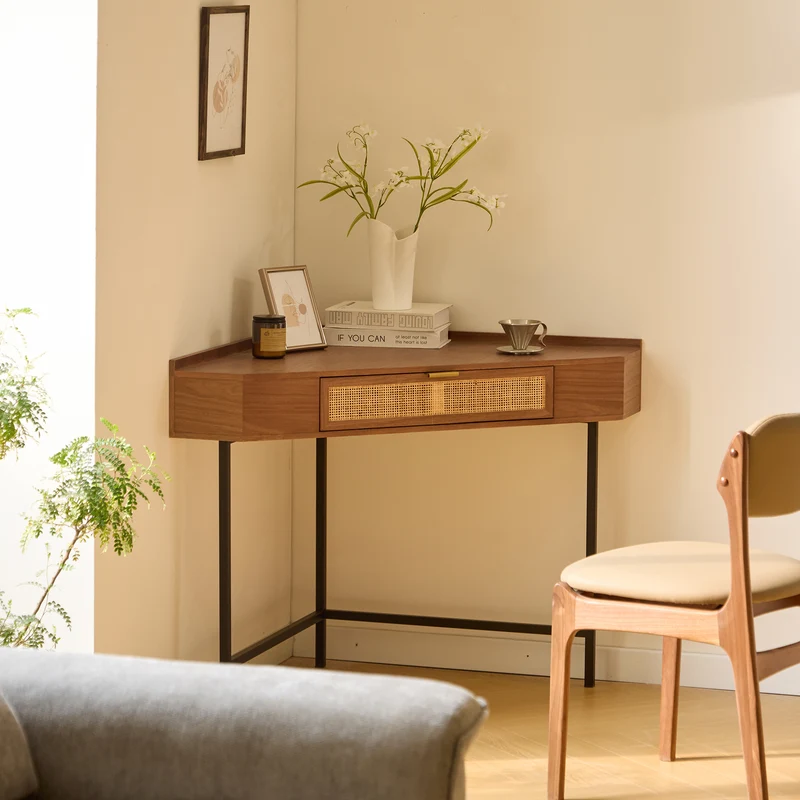 SETO - Bureau d'angle en bois de noyer et rotin 1 tiroir