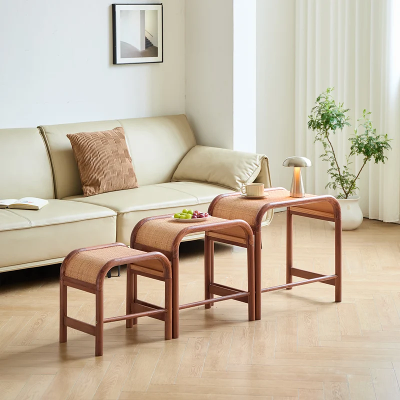 JOVIK - Set de 3 tables basses en bois et rotin