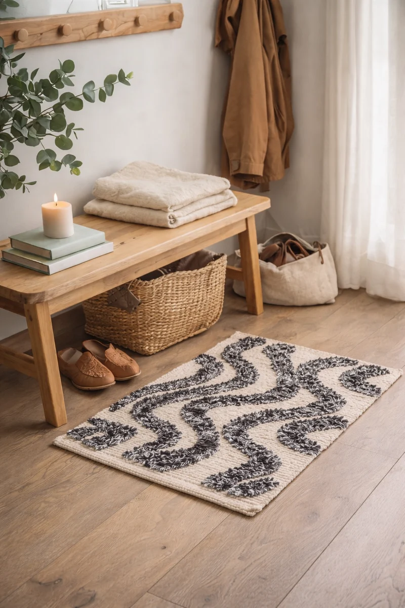 KOUVOLA - Tapis rectangulaire en coton avec motifs marrons et écrus 50 x 80 cm