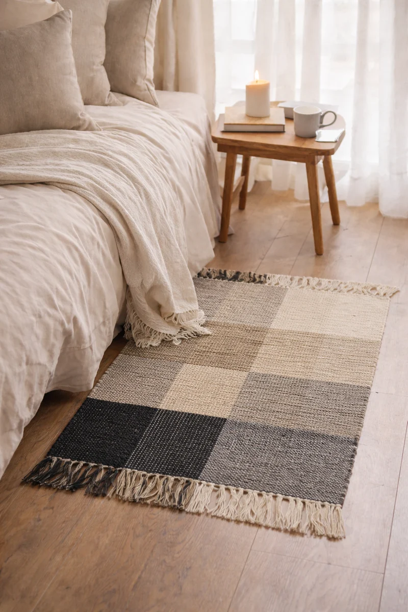 REISA - Tapis rectangulaire en coton avec motifs marrons et écrus 90 x 60 cm