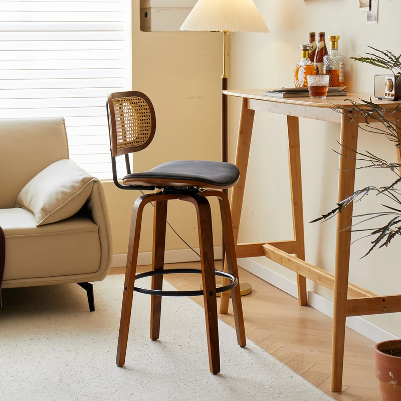 ALESUND - Lot de 2 tabourets de bar en bois massif et cannage noir