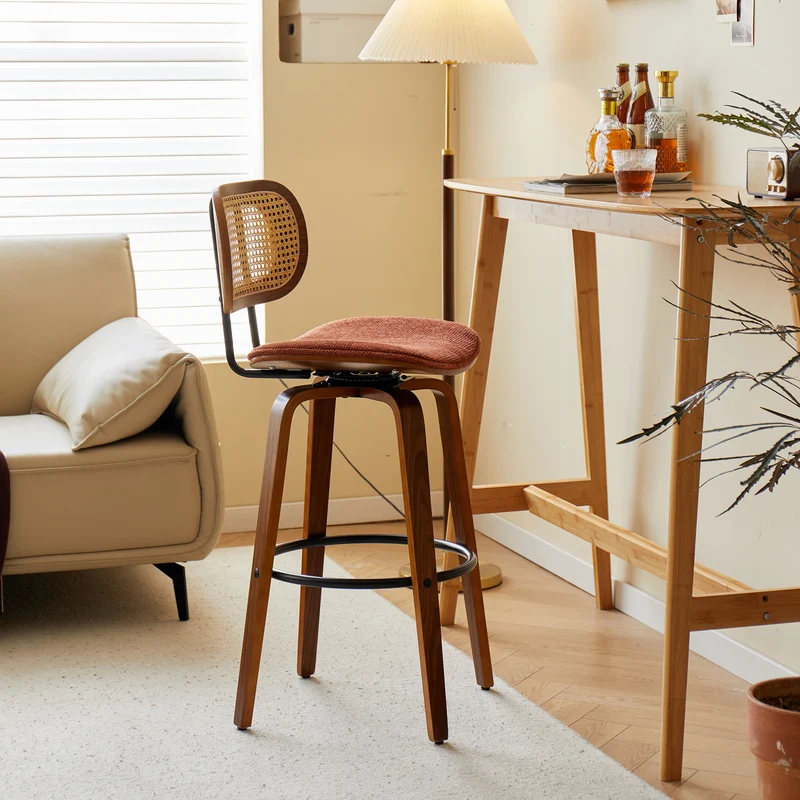 ALESUND - Lot de 2 tabourets de bar en bois massif et cannage terracotta