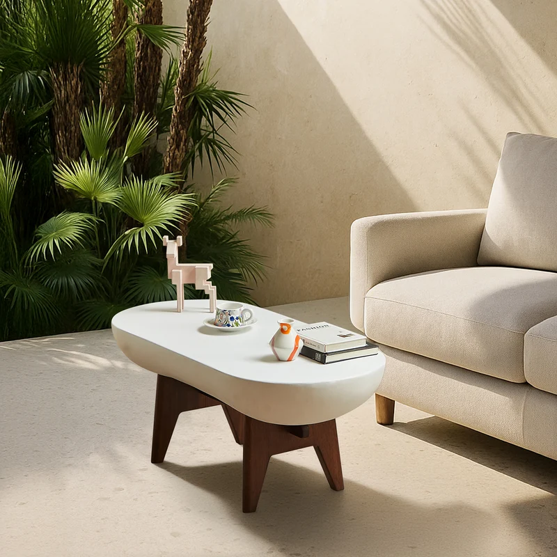 IRUNA - Table basse indoor outdoor en bois et magnésite blanc