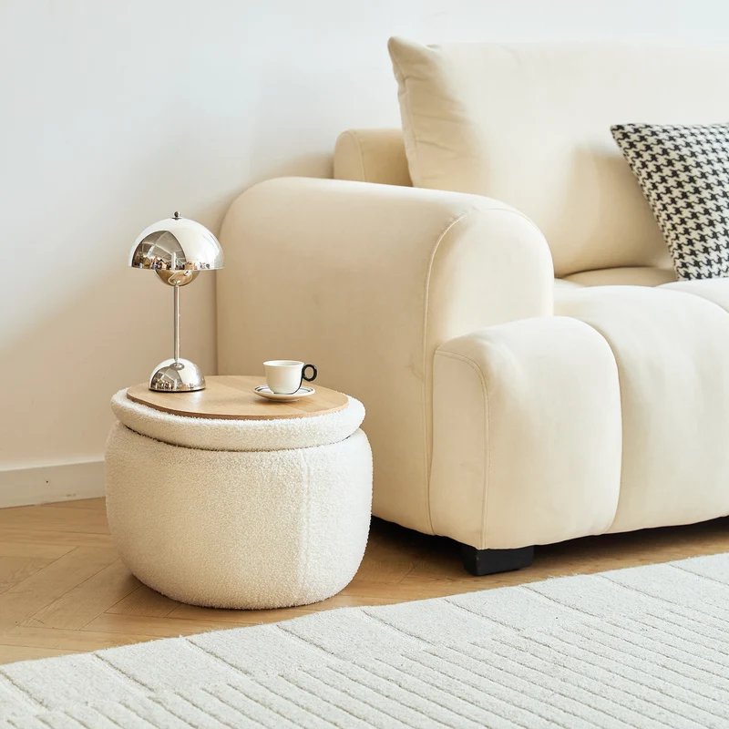 VASA - Pouf table basse avec rangement en bouclettes blanches