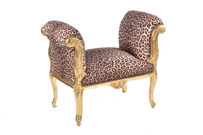 Panca da ingresso o camera in legno color oro e tessuto leopardato cm 90x45x70h