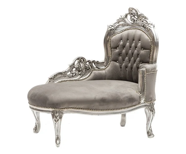 Chaise longue divanetto barocco in legno color argento tessuto grigio gemme incastonate cm 105x60x95h