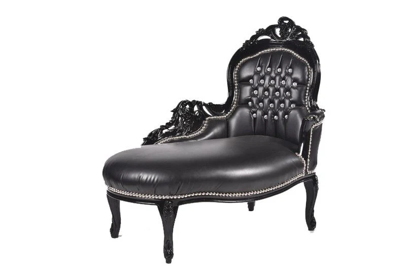 Chaise longue divanetto barocco in legno ed ecopelle colore nero gemme incastonate cm 105x60x95h