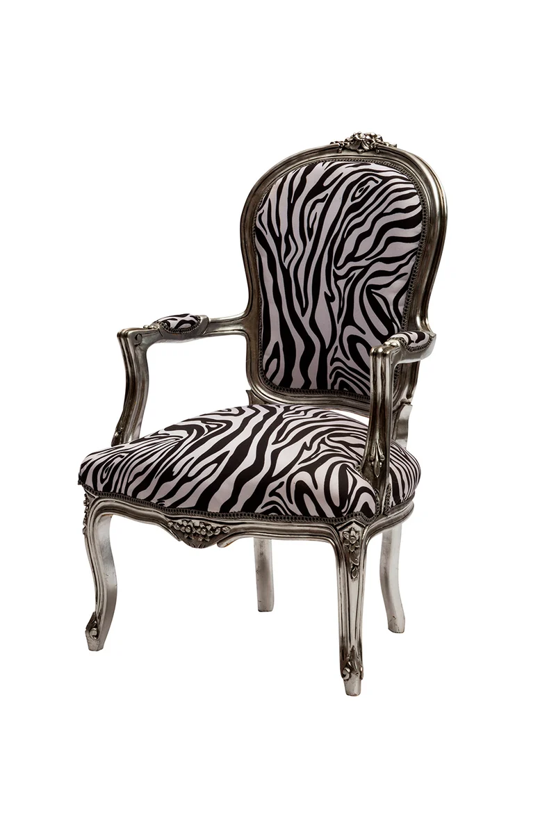 Poltrona barocco in legno color argento zebrata cm 63x65x94h