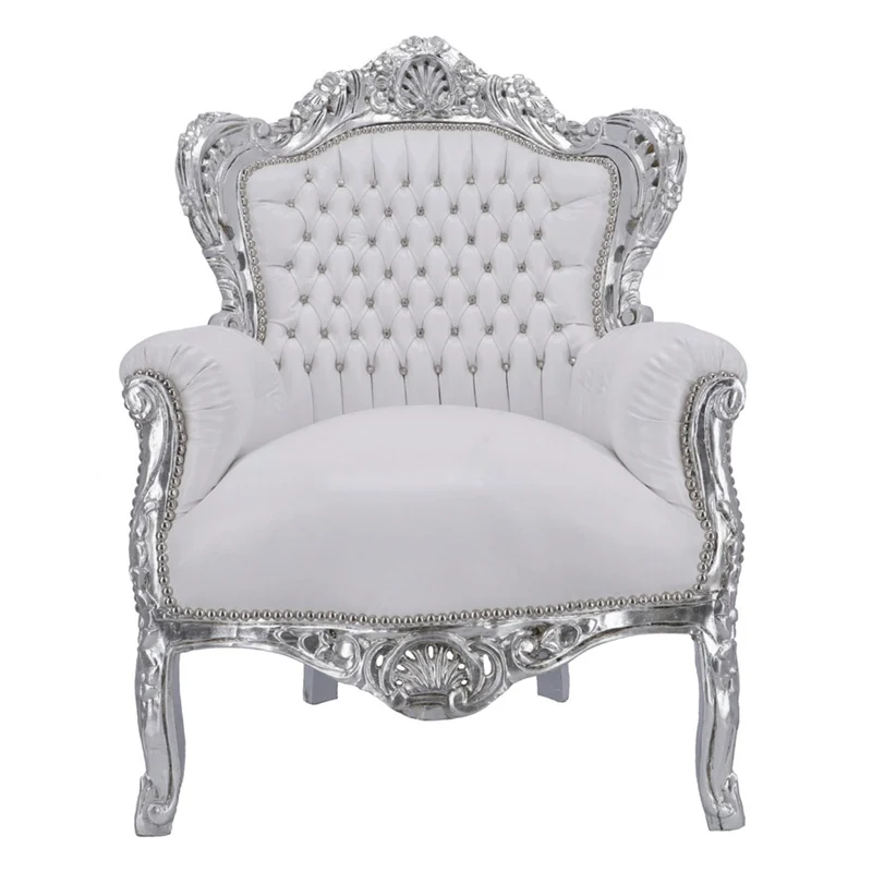 Poltrona barocco da camera o salotto in legno colore argento ecopelle bianco cm 80x60x115h