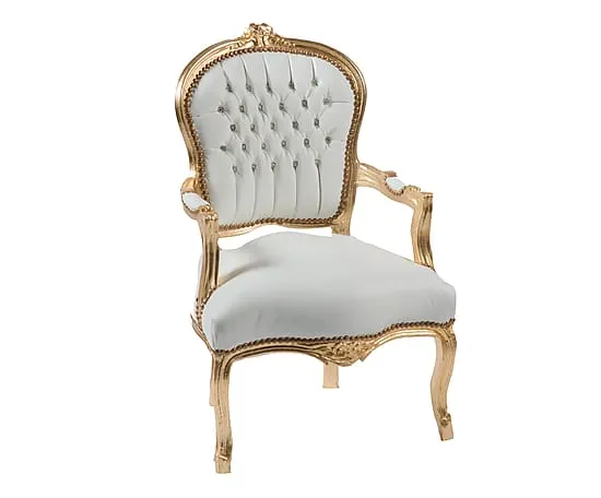 Poltroncina barocco da camera o salotto in legno color oro e rivestimento in ecopelle bianco cm 63x65x94h