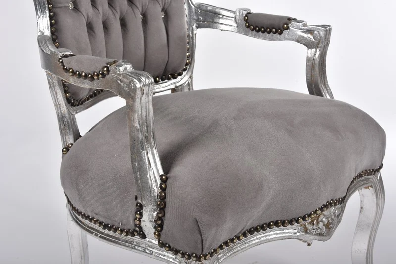Poltroncina barocco da salotto o ingresso in legno e tessuto colore grigio cm 63x65x94h