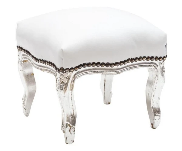 Pouf barocco quadrato in legno color argento ecopelle bianca cm 39x39x30h