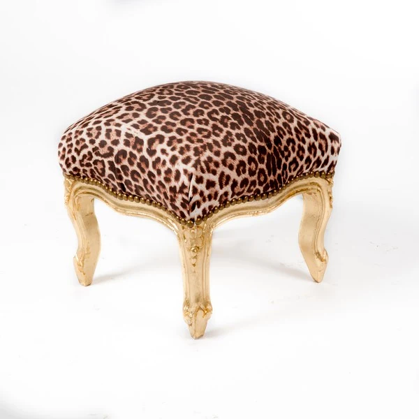 Pouf barocco per camera da letto in legno color oro e tessuto leopardato cm 39x39x30h